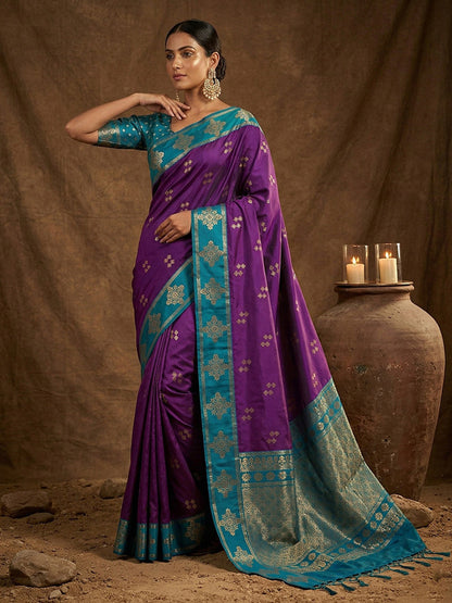 Monjolika Fashion Purple Zari Woven Banarasi Silk Blend Saree with Blouse Piece