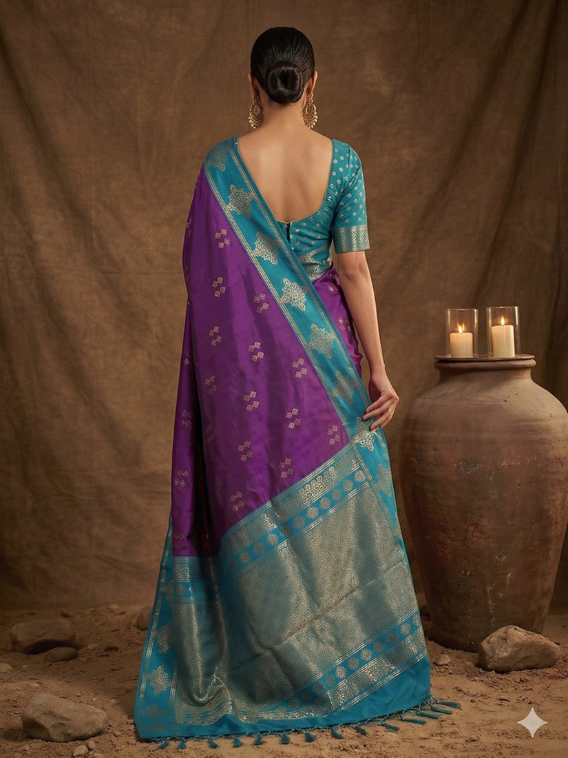 Monjolika Fashion Purple Zari Woven Banarasi Silk Blend Saree with Blouse Piece