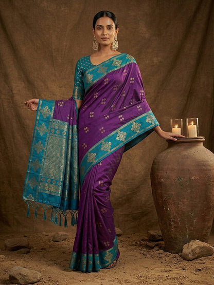Monjolika Fashion Purple Zari Woven Banarasi Silk Blend Saree with Blouse Piece