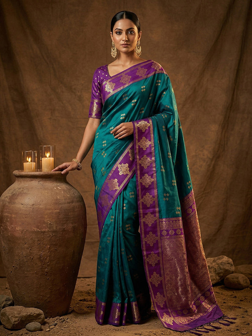 Monjolika Fashion Teal Blue Zari Woven Banarasi Silk Blend Saree with Blouse Piece