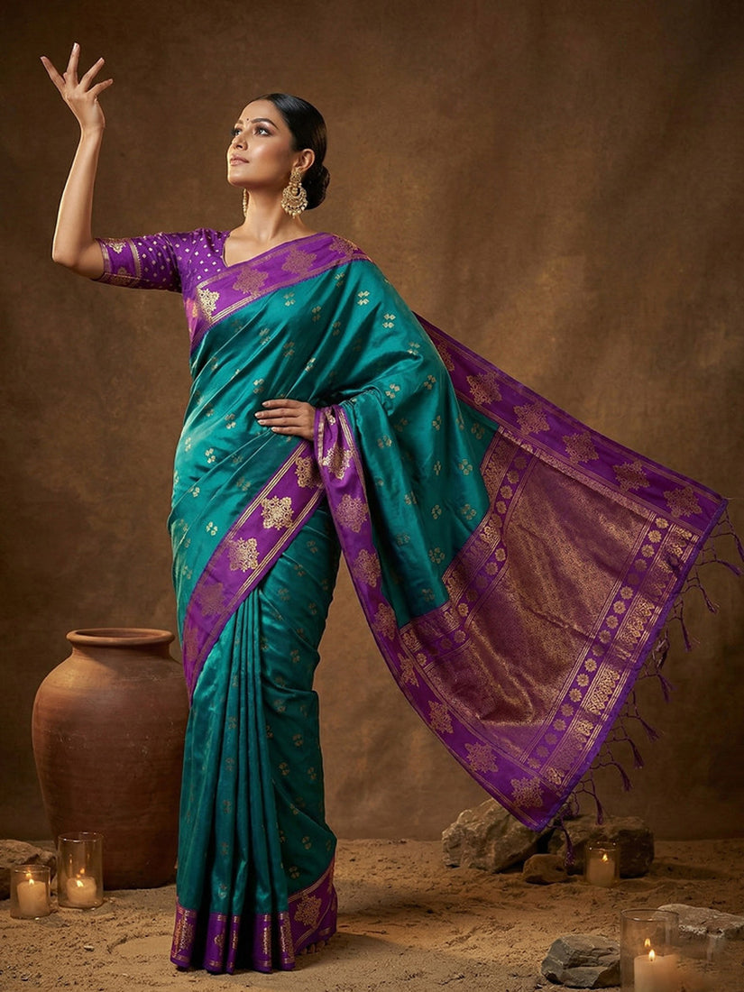 Monjolika Fashion Teal Blue Zari Woven Banarasi Silk Blend Saree with Blouse Piece