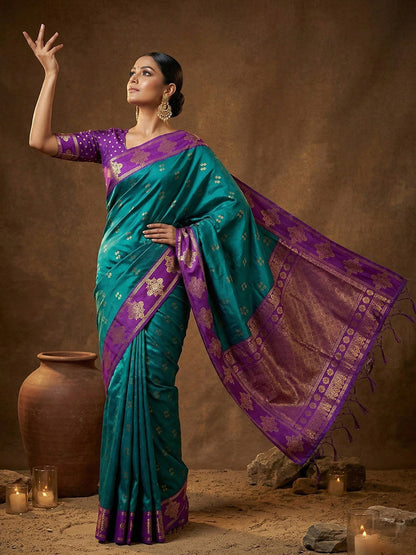 Monjolika Fashion Teal Blue Zari Woven Banarasi Silk Blend Saree with Blouse Piece