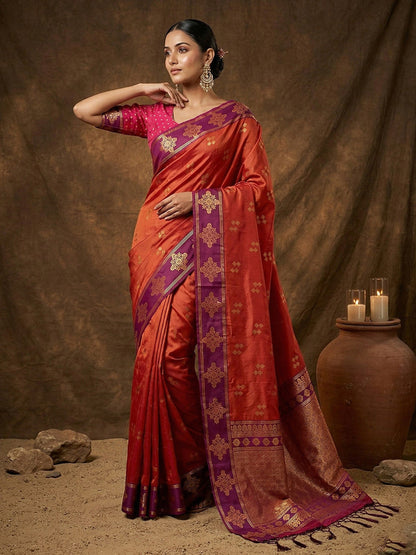 Monjolika Fashion Rust Orange Zari Woven Banarasi Silk Blend Saree with Blouse Piece