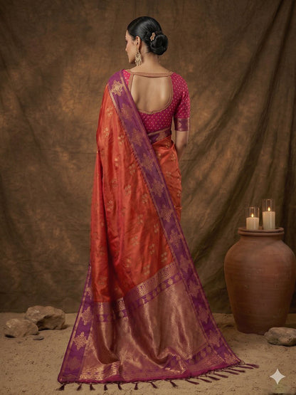 Monjolika Fashion Rust Orange Zari Woven Banarasi Silk Blend Saree with Blouse Piece