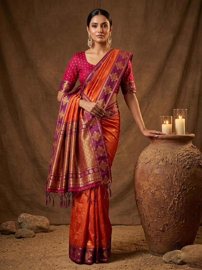 Monjolika Fashion Rust Orange Zari Woven Banarasi Silk Blend Saree with Blouse Piece
