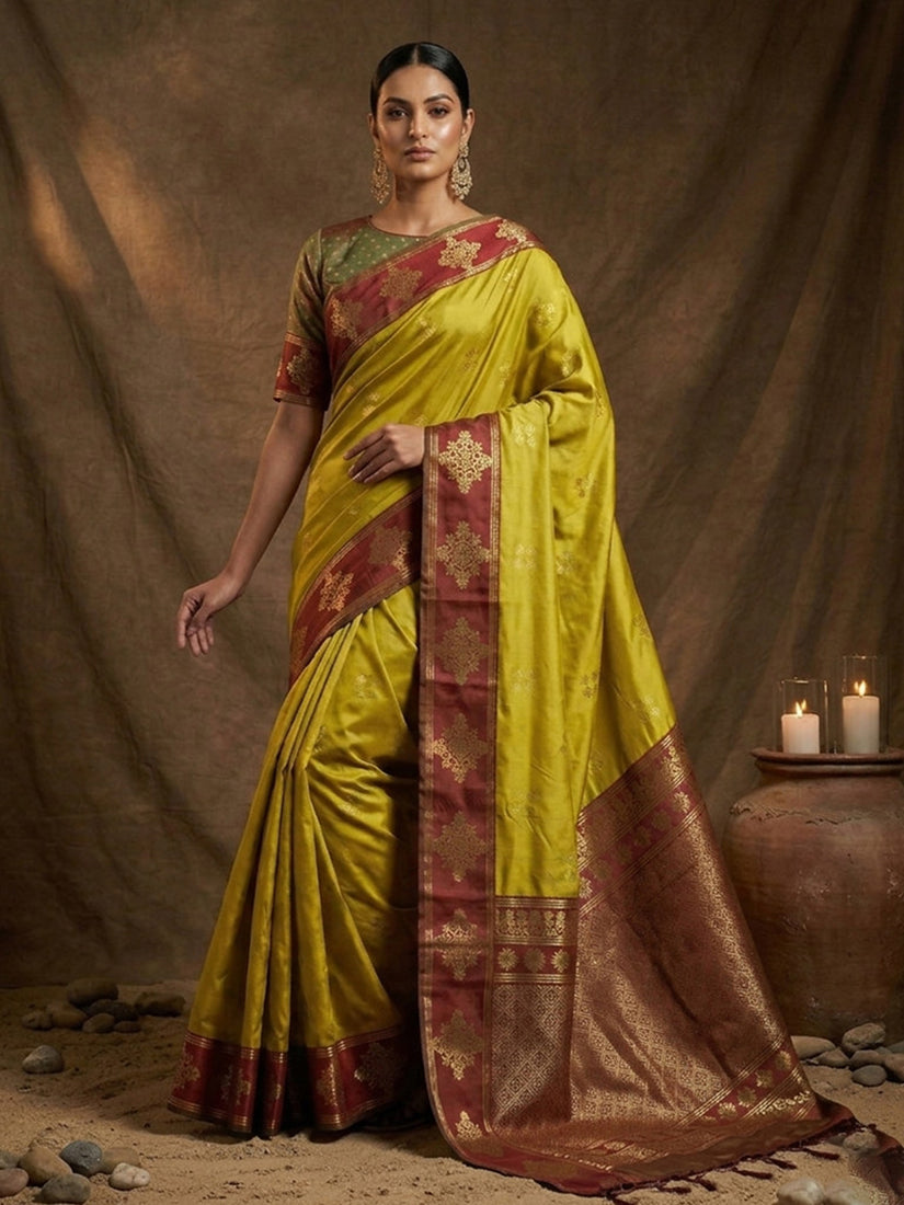 Monjolika Fashion Mustard Zari Woven Banarasi Silk Blend Saree with Blouse Piece