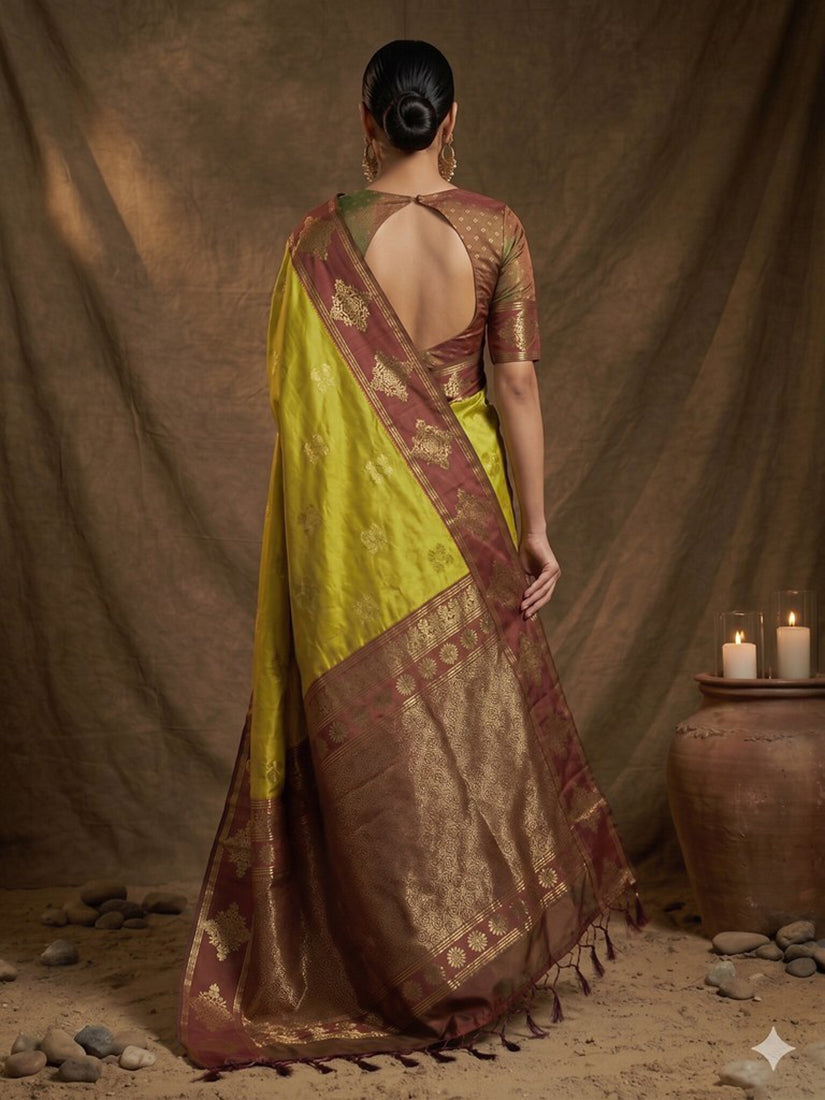 Monjolika Fashion Mustard Zari Woven Banarasi Silk Blend Saree with Blouse Piece