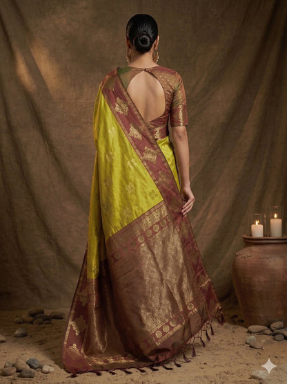 Monjolika Fashion Mustard Zari Woven Banarasi Silk Blend Saree with Blouse Piece