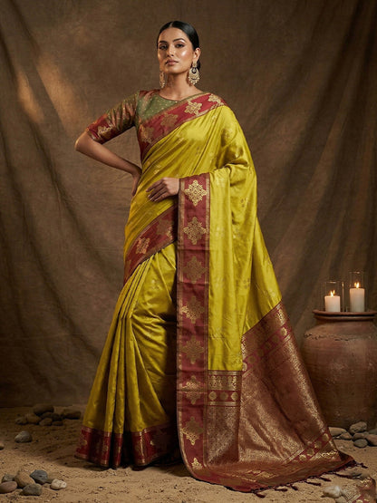 Monjolika Fashion Mustard Zari Woven Banarasi Silk Blend Saree with Blouse Piece