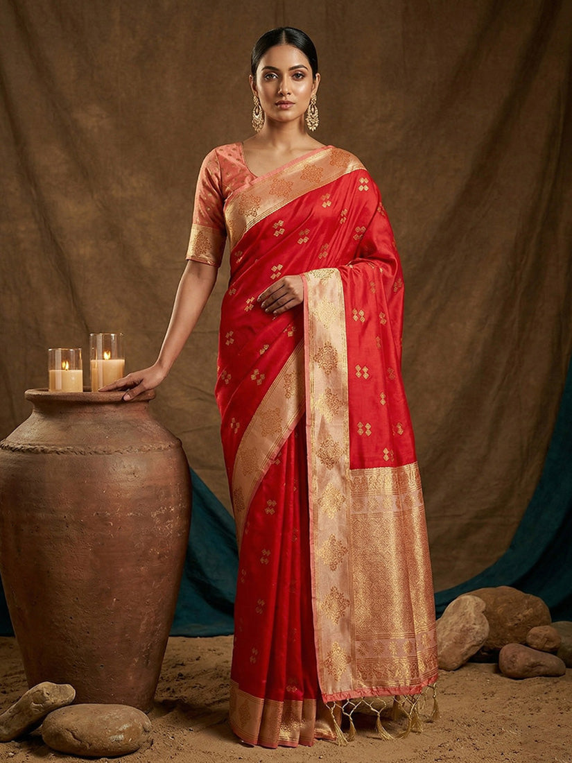 Monjolika Fashion Red Zari Woven Banarasi Silk Blend Saree with Blouse Piece