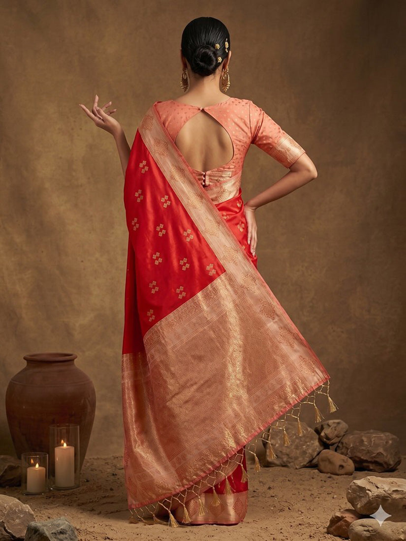 Monjolika Fashion Red Zari Woven Banarasi Silk Blend Saree with Blouse Piece
