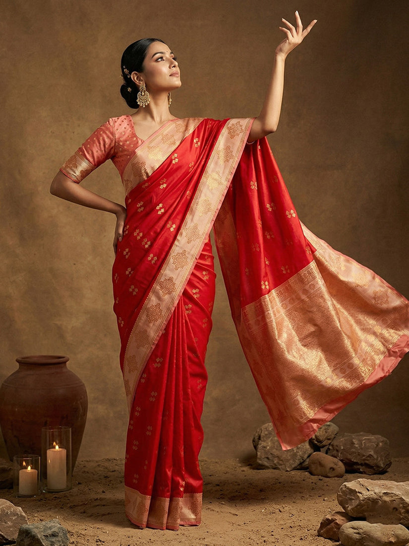 Monjolika Fashion Red Zari Woven Banarasi Silk Blend Saree with Blouse Piece