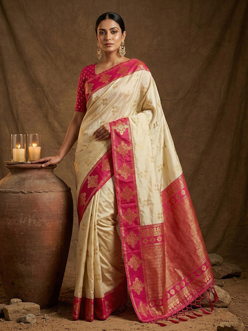 Monjolika Fashion Cream Zari Woven Banarasi Silk Blend Saree with Blouse Piece