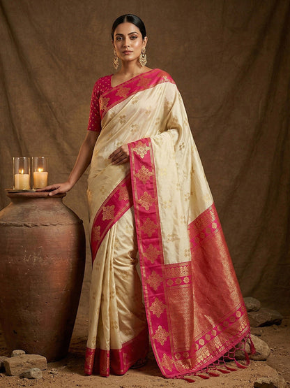 Monjolika Fashion Cream Zari Woven Banarasi Silk Blend Saree with Blouse Piece