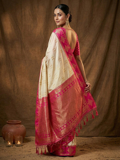 Monjolika Fashion Cream Zari Woven Banarasi Silk Blend Saree with Blouse Piece