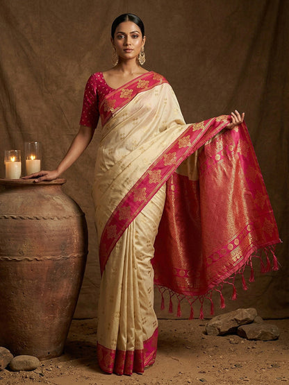 Monjolika Fashion Cream Zari Woven Banarasi Silk Blend Saree with Blouse Piece