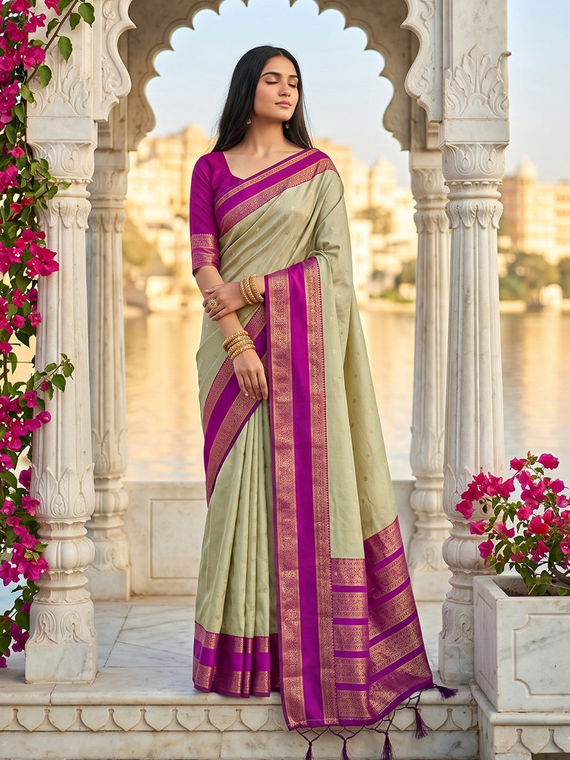 Monjolika Fashion Light Sage Green & Magenta Zari Woven Banarasi Silk Blend Saree