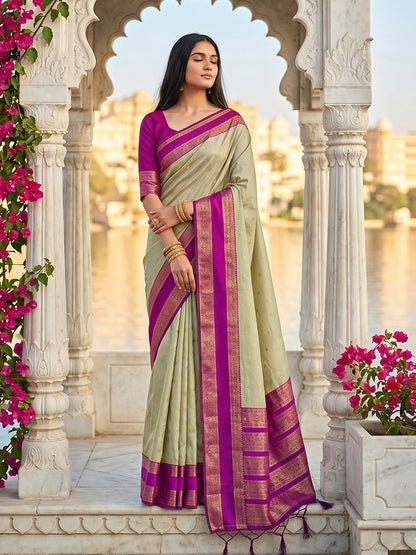 Monjolika Fashion Light Sage Green & Magenta Zari Woven Banarasi Silk Blend Saree
