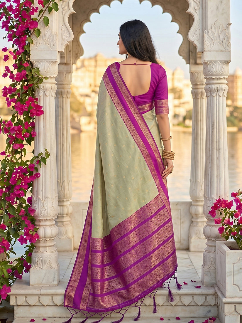 Monjolika Fashion Light Sage Green & Magenta Zari Woven Banarasi Silk Blend Saree