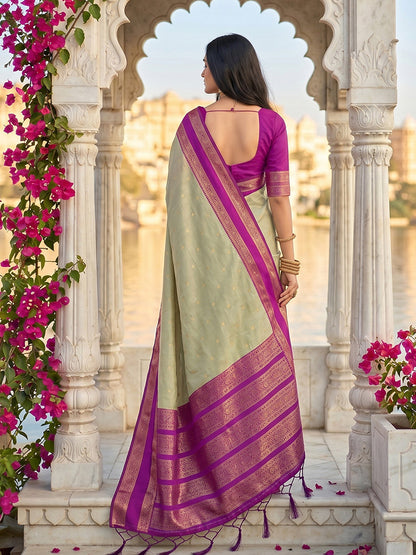 Monjolika Fashion Light Sage Green & Magenta Zari Woven Banarasi Silk Blend Saree