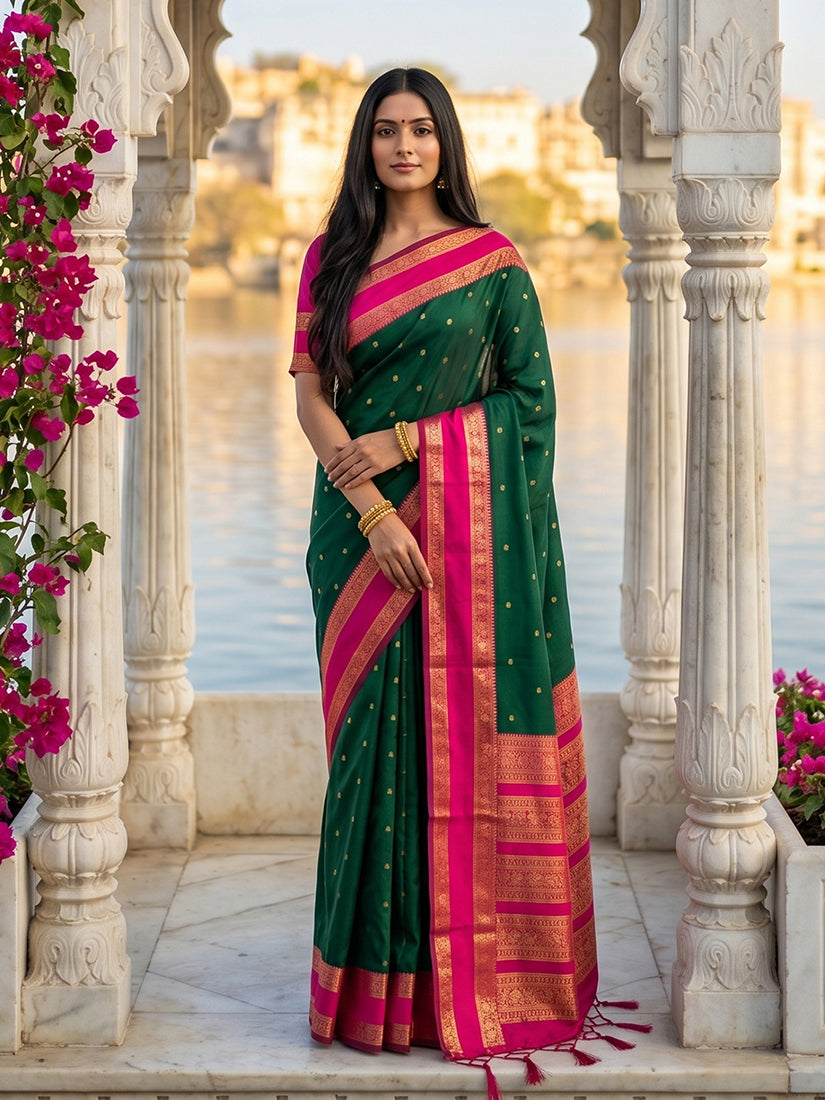 Monjolika Fashion Dark Green & Rani Pink Zari Woven Banarasi Silk Blend Saree
