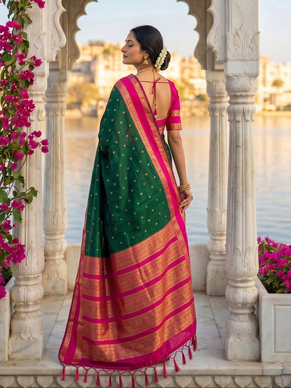 Monjolika Fashion Dark Green & Rani Pink Zari Woven Banarasi Silk Blend Saree