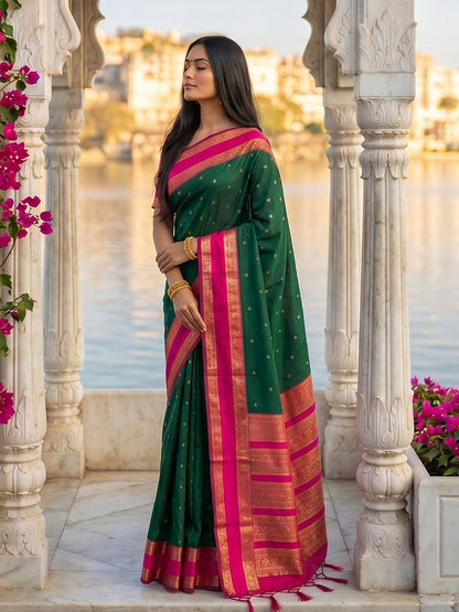 Monjolika Fashion Dark Green & Rani Pink Zari Woven Banarasi Silk Blend Saree