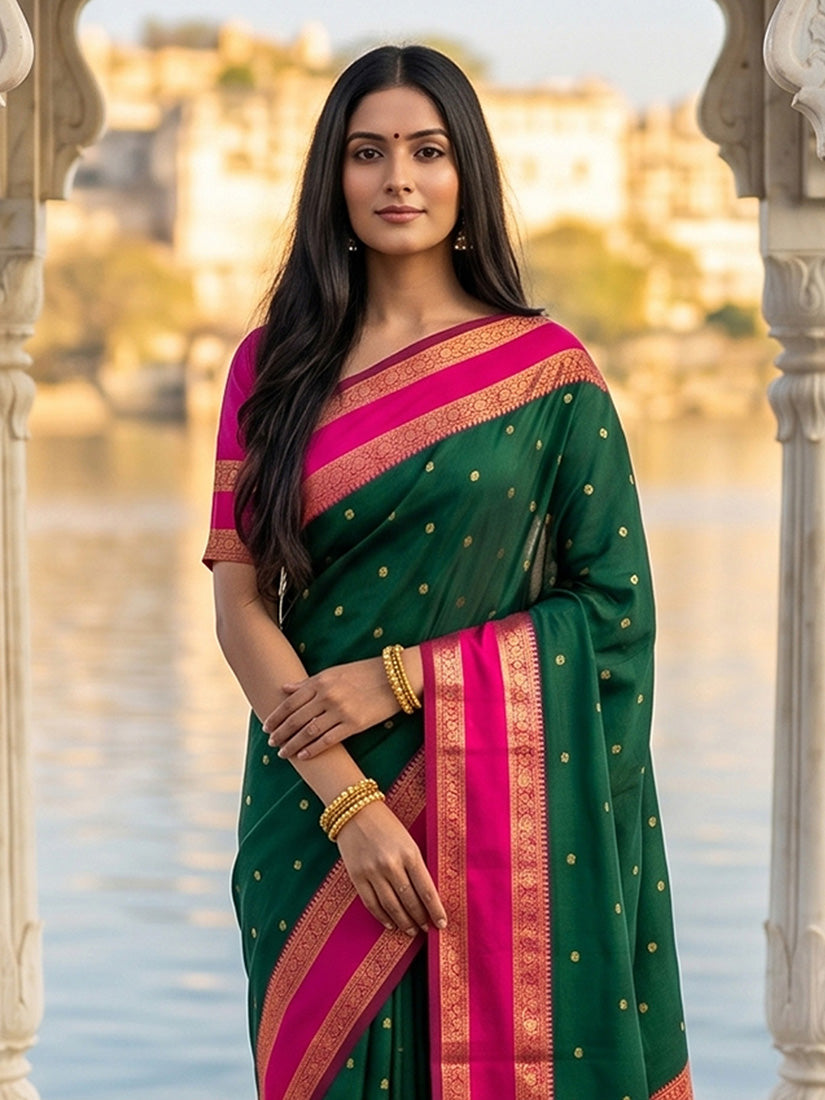 Monjolika Fashion Dark Green & Rani Pink Zari Woven Banarasi Silk Blend Saree
