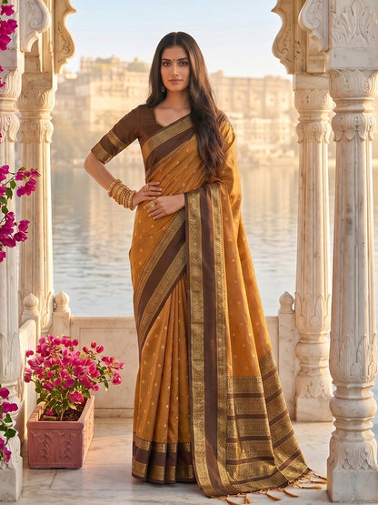 Monjolika Fashion Rust & Brown Zari Woven Banarasi Silk Blend Saree