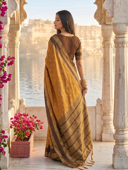 Monjolika Fashion Rust & Brown Zari Woven Banarasi Silk Blend Saree
