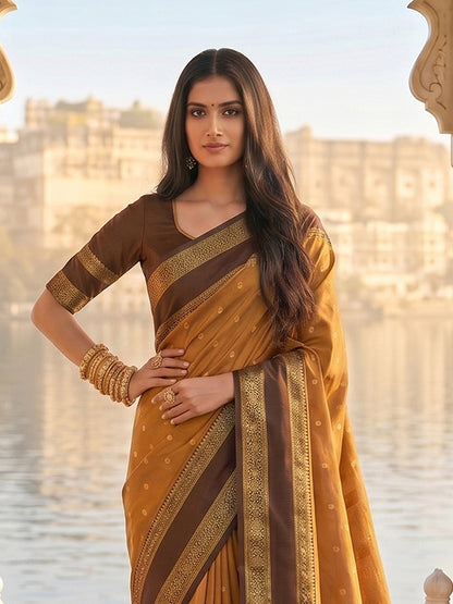 Monjolika Fashion Rust & Brown Zari Woven Banarasi Silk Blend Saree