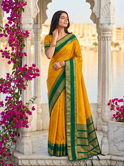 Monjolika Fashion Mustard & Green Zari Woven Banarasi Silk Blend Saree