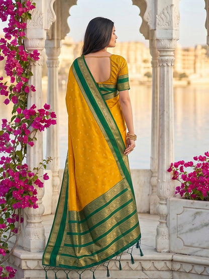 Monjolika Fashion Mustard & Green Zari Woven Banarasi Silk Blend Saree