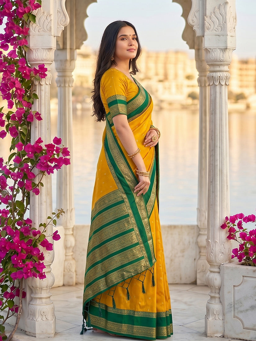 Monjolika Fashion Mustard & Green Zari Woven Banarasi Silk Blend Saree