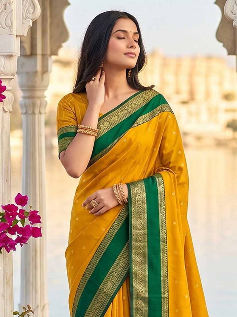 Monjolika Fashion Mustard & Green Zari Woven Banarasi Silk Blend Saree