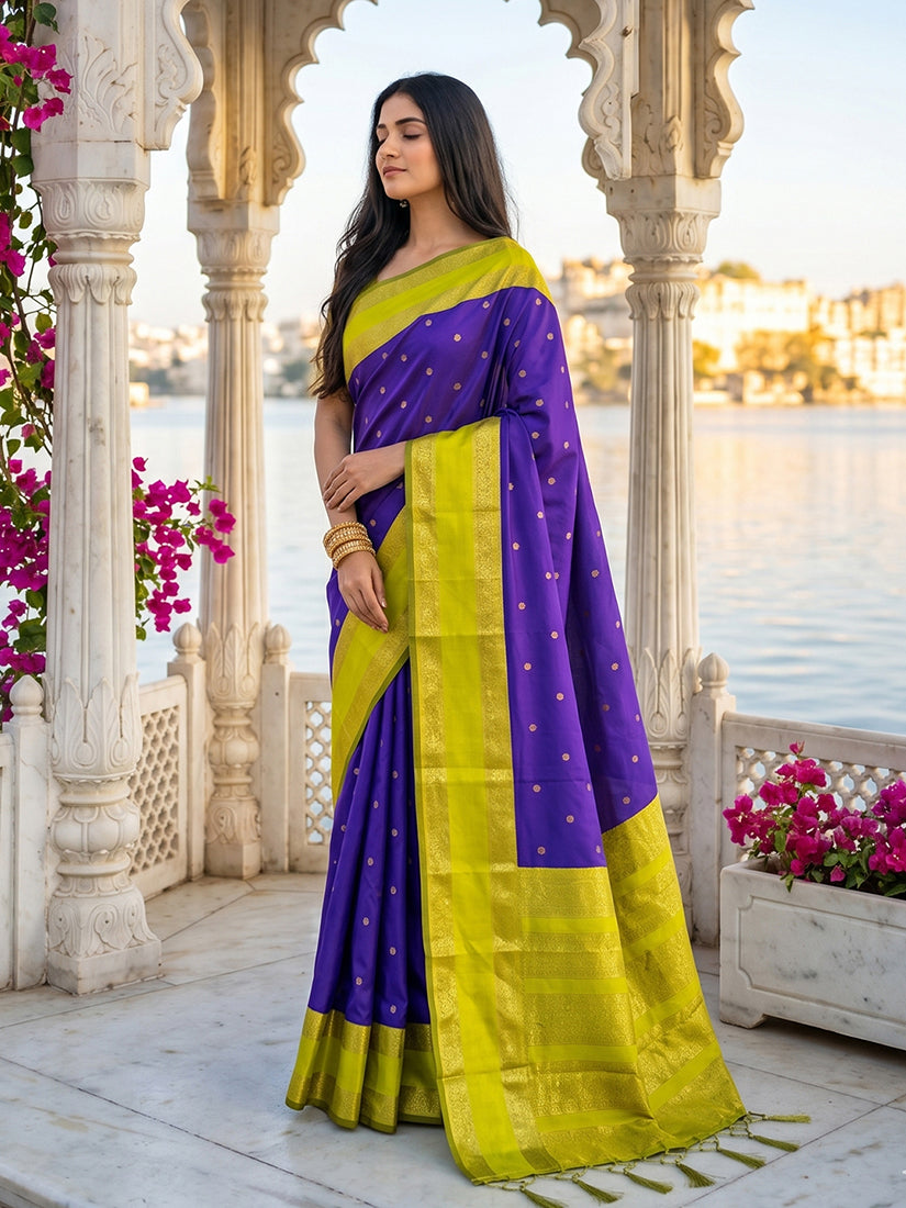 Monjolika Fashion Purple & Lime Green Zari Woven Banarasi Silk Blend Saree