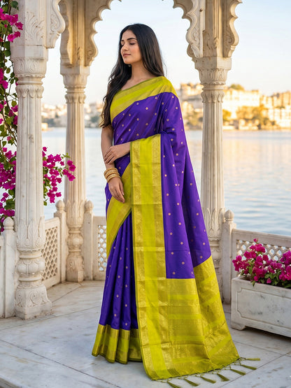 Monjolika Fashion Purple & Lime Green Zari Woven Banarasi Silk Blend Saree