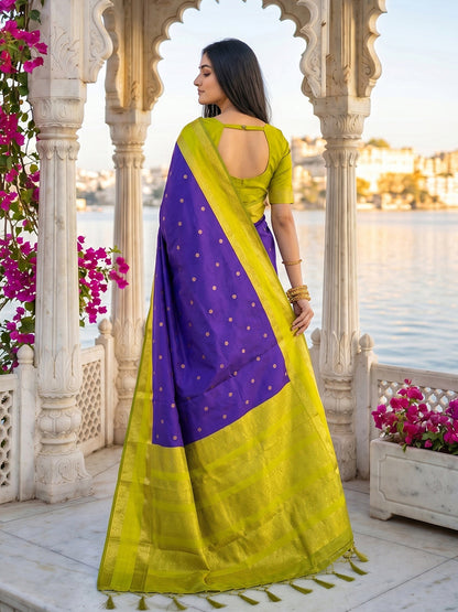 Monjolika Fashion Purple & Lime Green Zari Woven Banarasi Silk Blend Saree