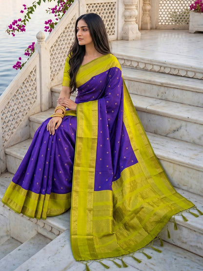 Monjolika Fashion Purple & Lime Green Zari Woven Banarasi Silk Blend Saree