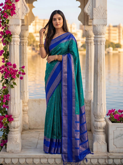 Monjolika Fashion Teal & Royal Blue Zari Woven Banarasi Silk Blend Saree