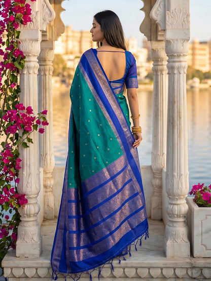 Monjolika Fashion Teal & Royal Blue Zari Woven Banarasi Silk Blend Saree