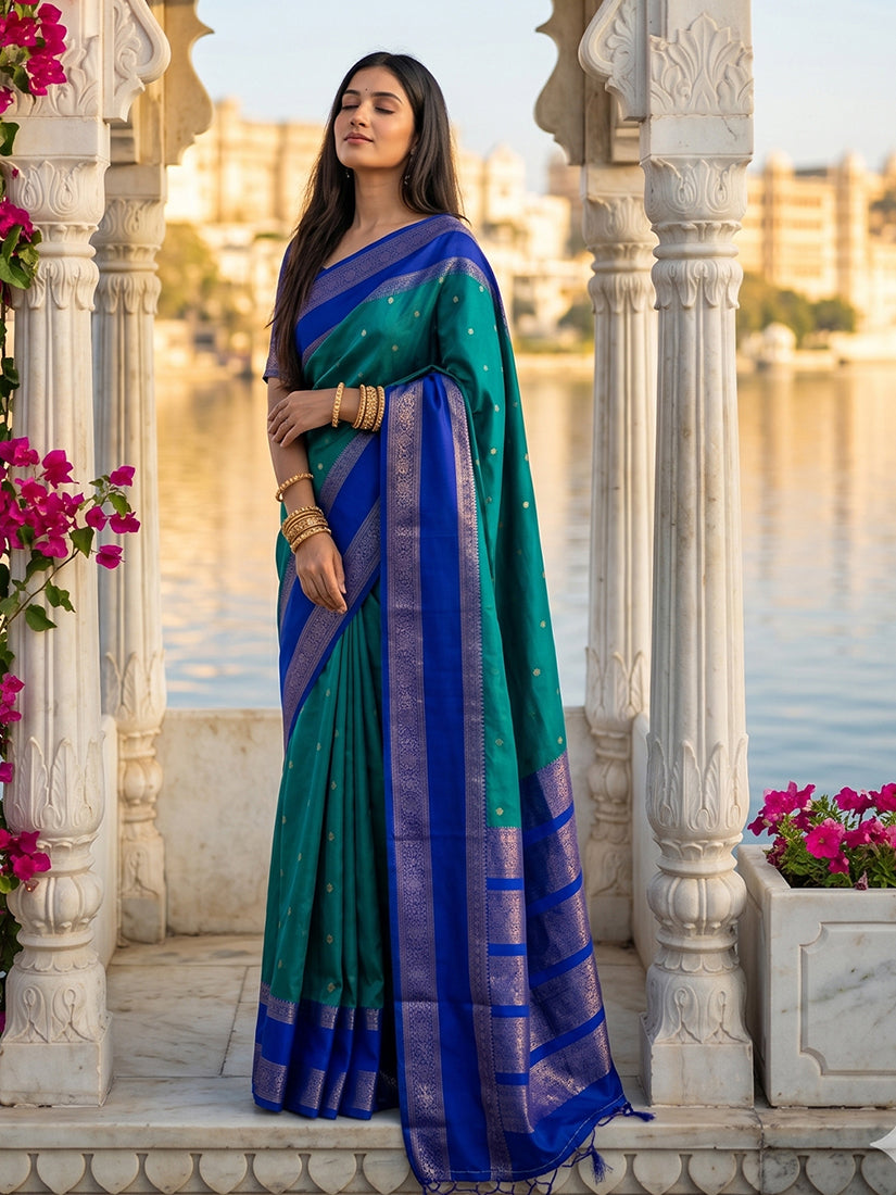 Monjolika Fashion Teal & Royal Blue Zari Woven Banarasi Silk Blend Saree