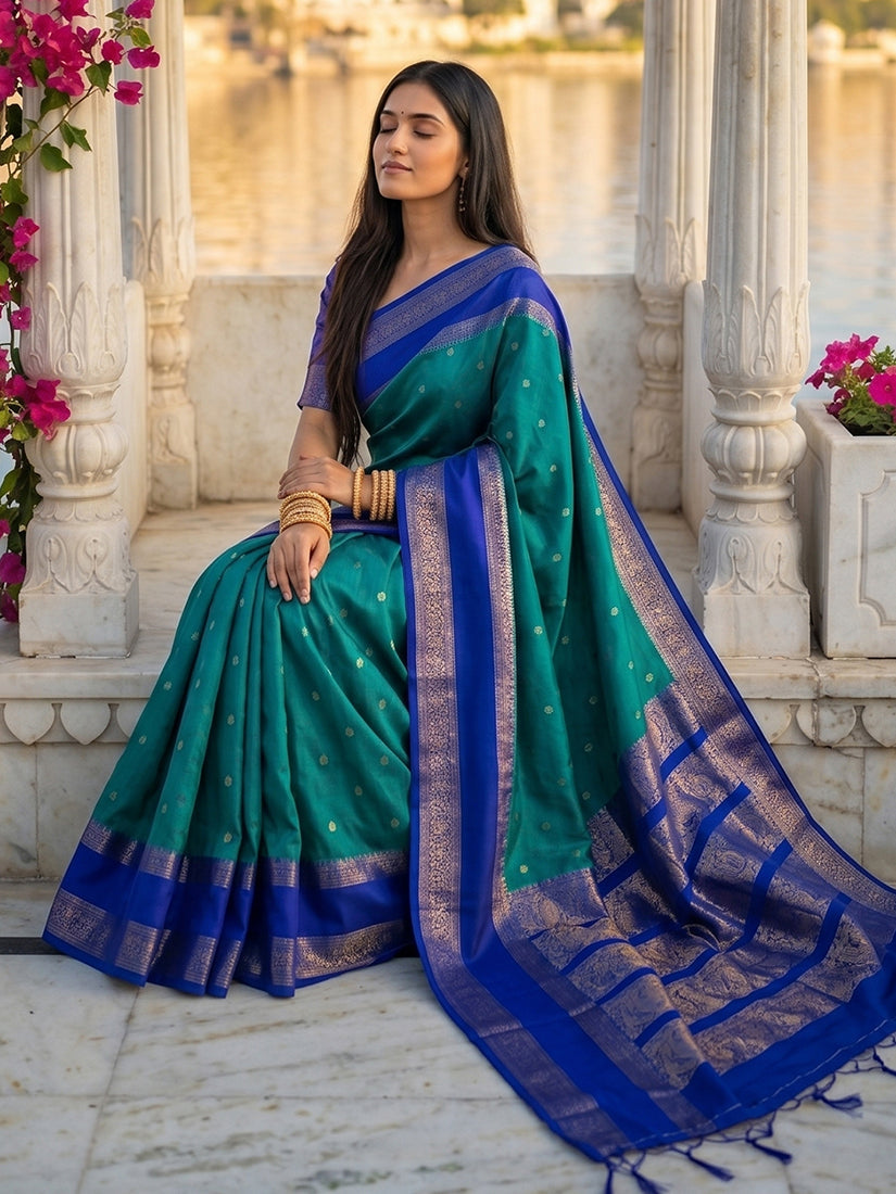 Monjolika Fashion Teal & Royal Blue Zari Woven Banarasi Silk Blend Saree