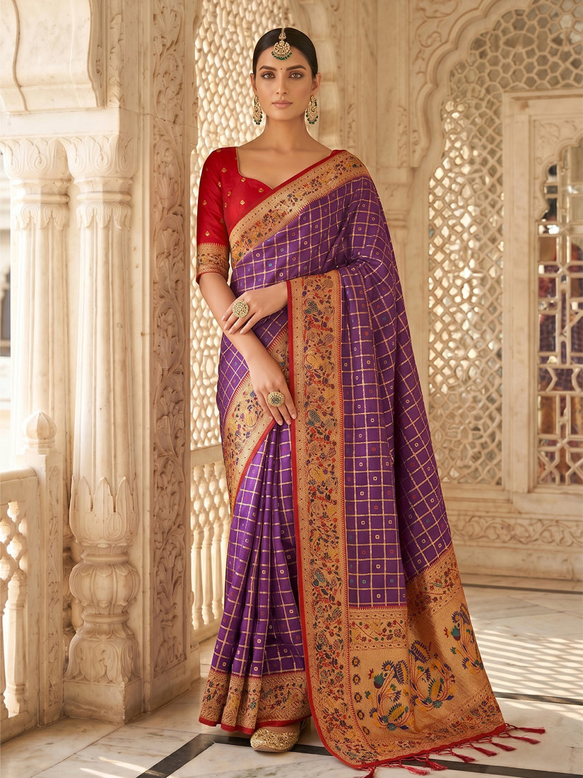 Monjolika Fashion Purple Banarasi Silk Blend Saree With Paithani Floral Pallu