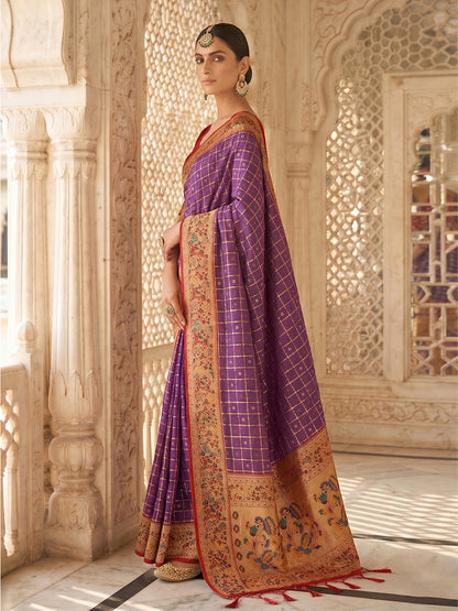 Monjolika Fashion Purple Banarasi Silk Blend Saree With Paithani Floral Pallu