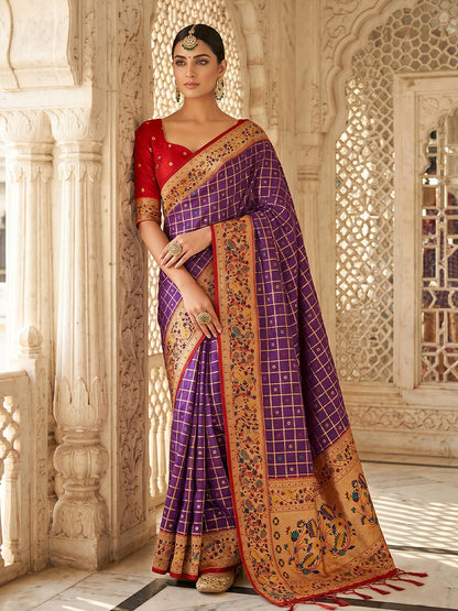 Monjolika Fashion Purple Banarasi Silk Blend Saree With Paithani Floral Pallu