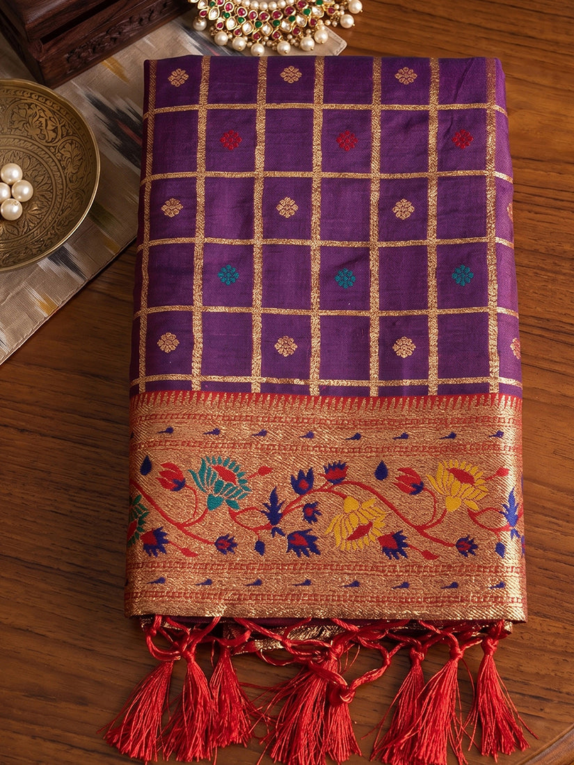 Monjolika Fashion Purple Banarasi Silk Blend Saree With Paithani Floral Pallu