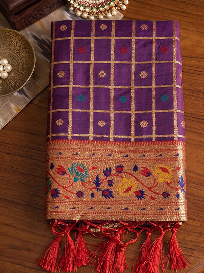 Monjolika Fashion Purple Banarasi Silk Blend Saree With Paithani Floral Pallu