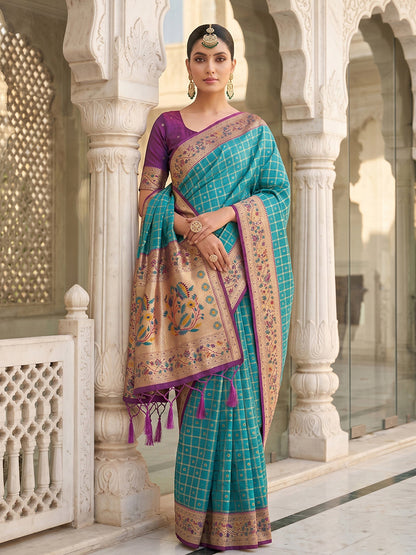 Monjolika Fashion Aqua Blue Banarasi Silk Blend Saree With Paithani Floral Pallu