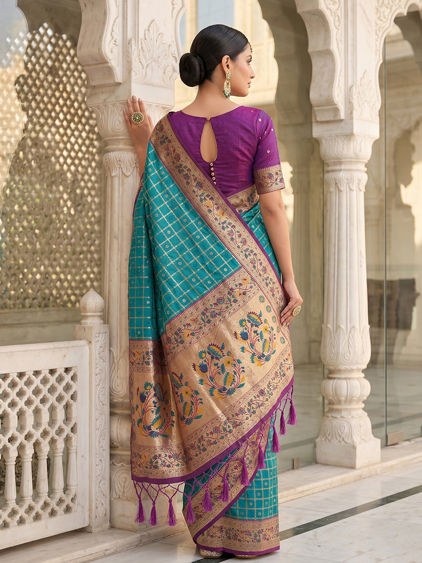 Monjolika Fashion Aqua Blue Banarasi Silk Blend Saree With Paithani Floral Pallu